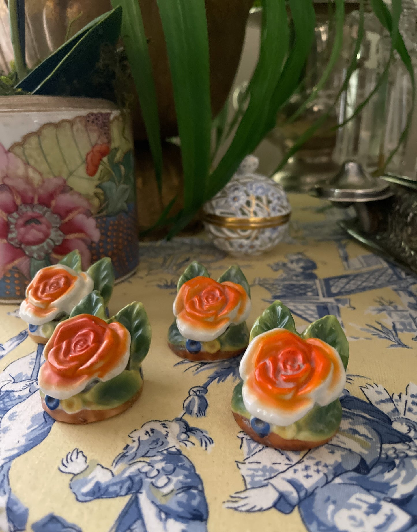 Vintage Porcelain Orange Rose Place Card Holders, Made in Japan, Hand Painted