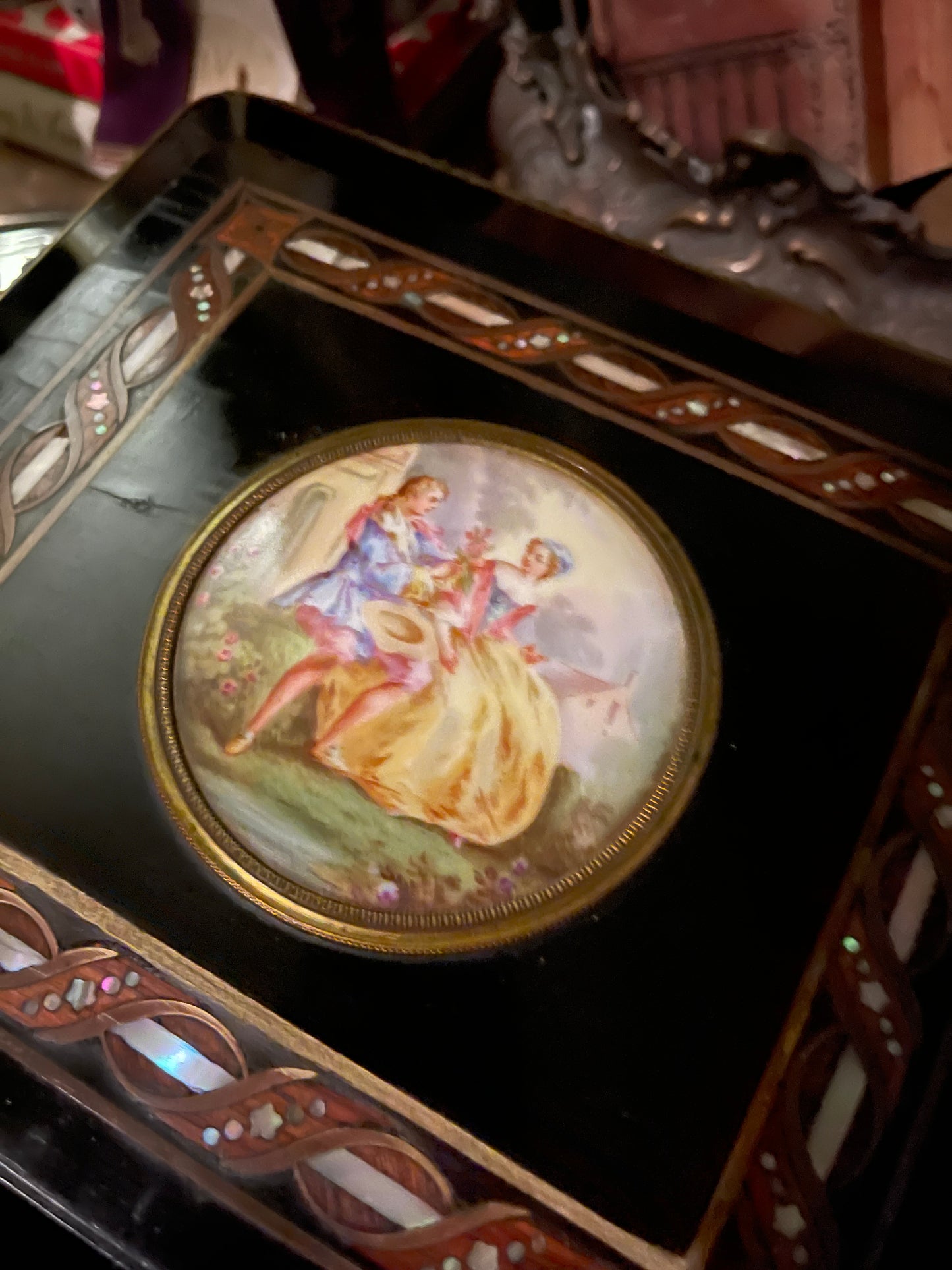 19th Century French Napoleon III Ebonized Mother-of-Pearl Inlaid Box with Hand-Painted Porcelain Plaque – Round Top Find