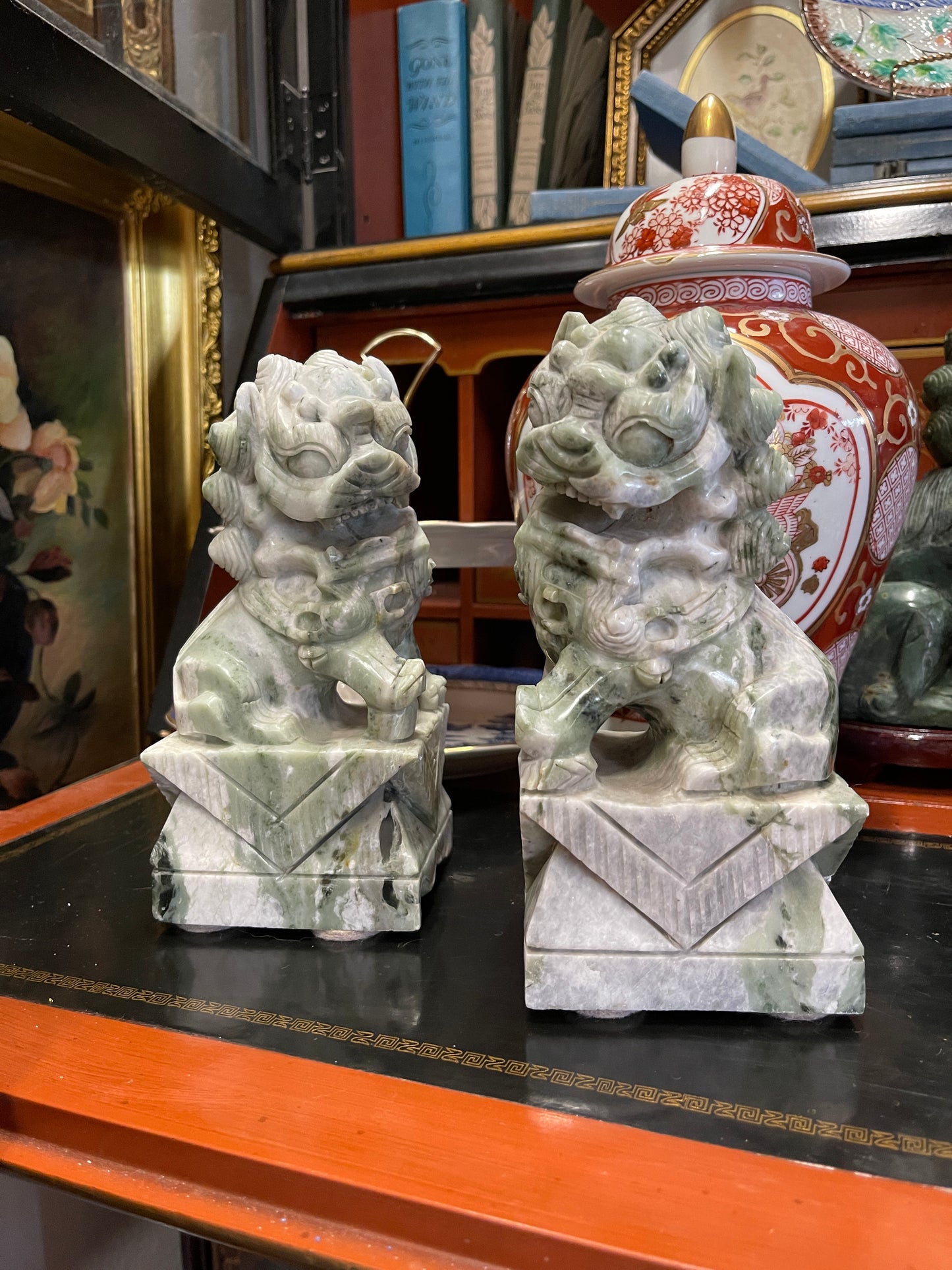 Vintage Carved Foo Dogs (Guardian Lions) – Heavy Stone – Pair – 8” Tall