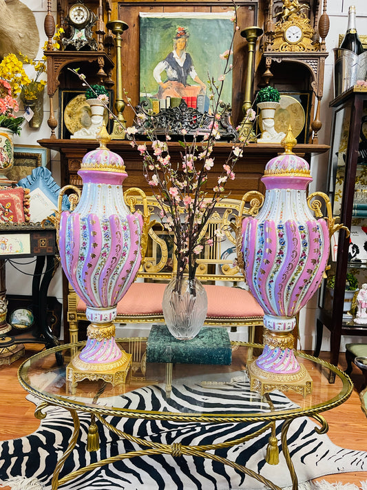 Monumental Pastel Porcelain Urns with Gilt Mounts|Pair | Grand Decorative Statement Vessels