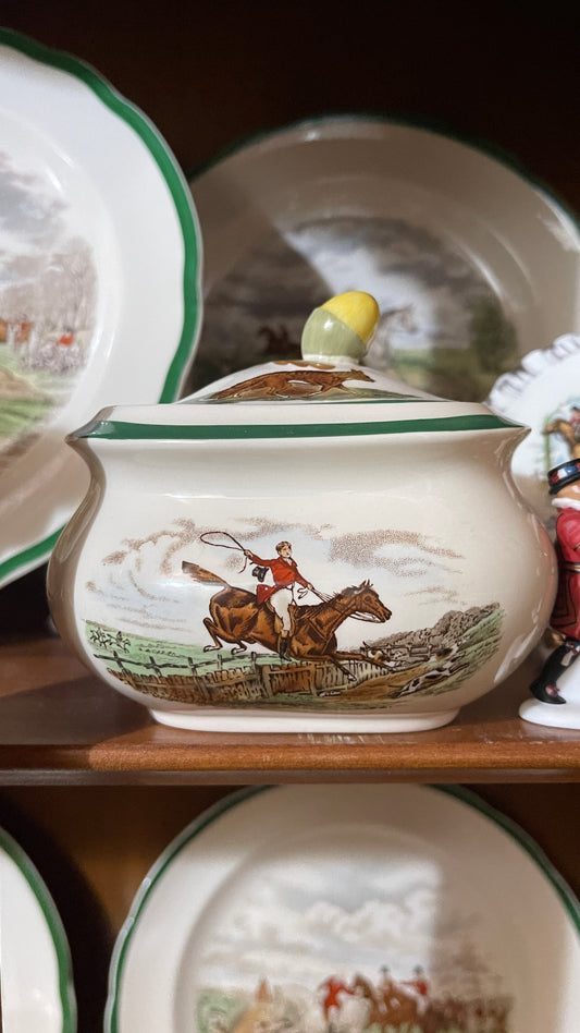 Vintage Spode Hunting Scene Covered Dish with Acorn Finial