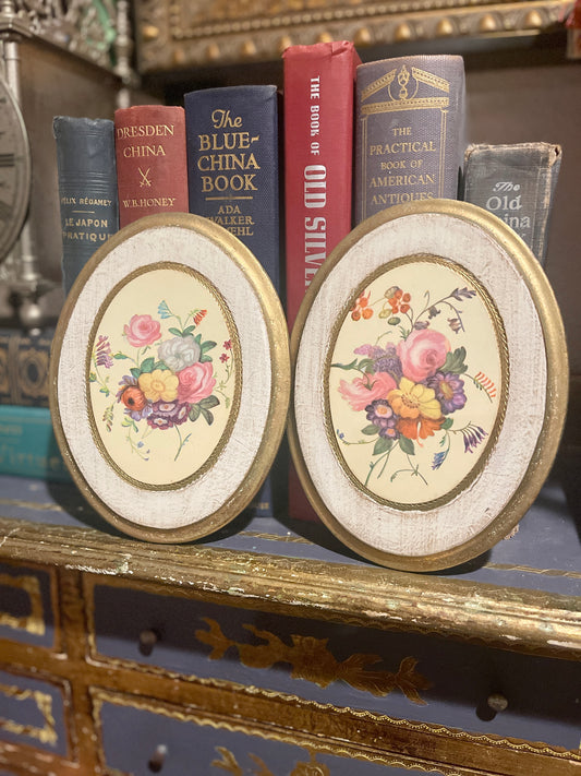 Vintage Florentine Wall Plaque Pair, Colorful Floral Design, Made in Italy
