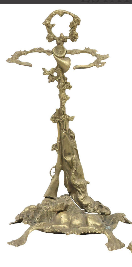 Antique Brass Umbrella Stand – Art Nouveau Hunt Scene with Game Hound, Bugle and Hare