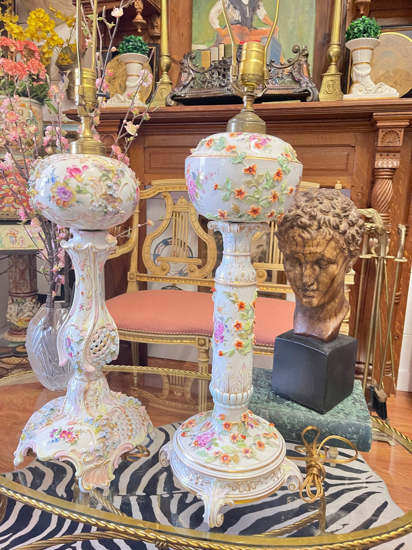 Pair of Monumental Vintage Porcelain Floral Lamps