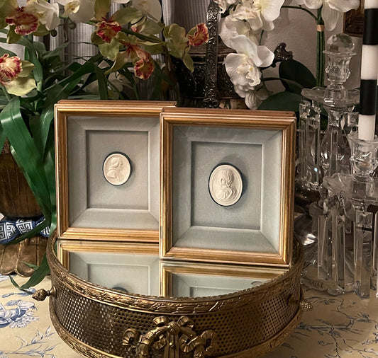Vintage Pair of Framed Intaglios, French Blue Matting, Professionally Framed