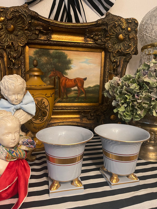 Porcelain Empire Footed Urns, Gilt Detail, Pair, Vintage