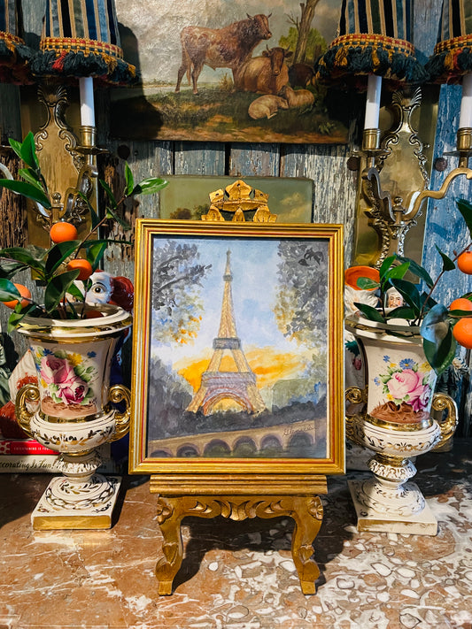 Vintage Framed Eiffel Tower Watercolor, Signed | Parisian Landscape Behind Glass