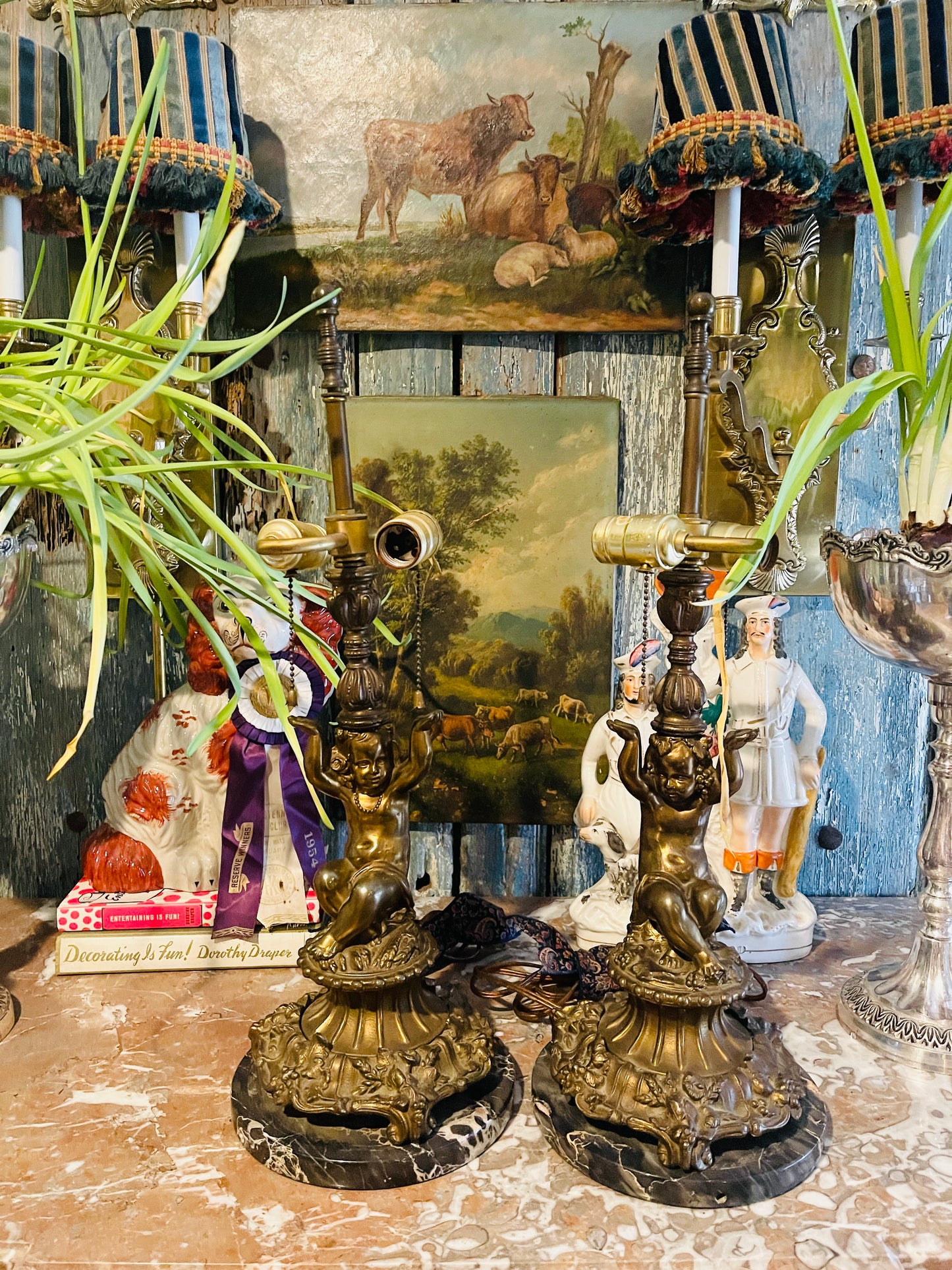 Pair of Neoclassical Brass Ormolu & Marble Table Lamps with Putti Figural Details