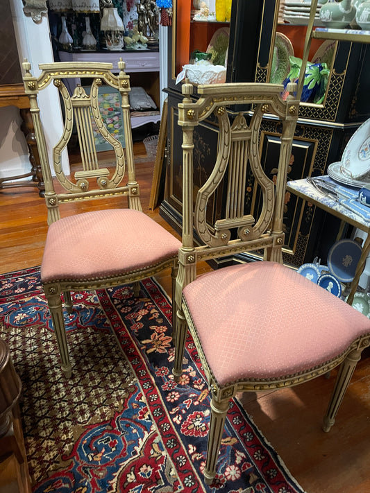 Pair of Antique Neoclassical Lyre Back Chairs – Carved Gilt Accents & Blush Upholstery *Pick Up Only*