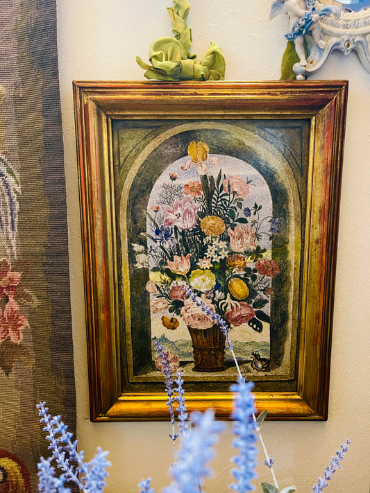 Vintage Framed Floral Still Life on Porcelain Tile with Shell Motif in Italian Giltwood Frame, After Ambrosius Bosschaert the Elder (Dutch, 1573-1621)