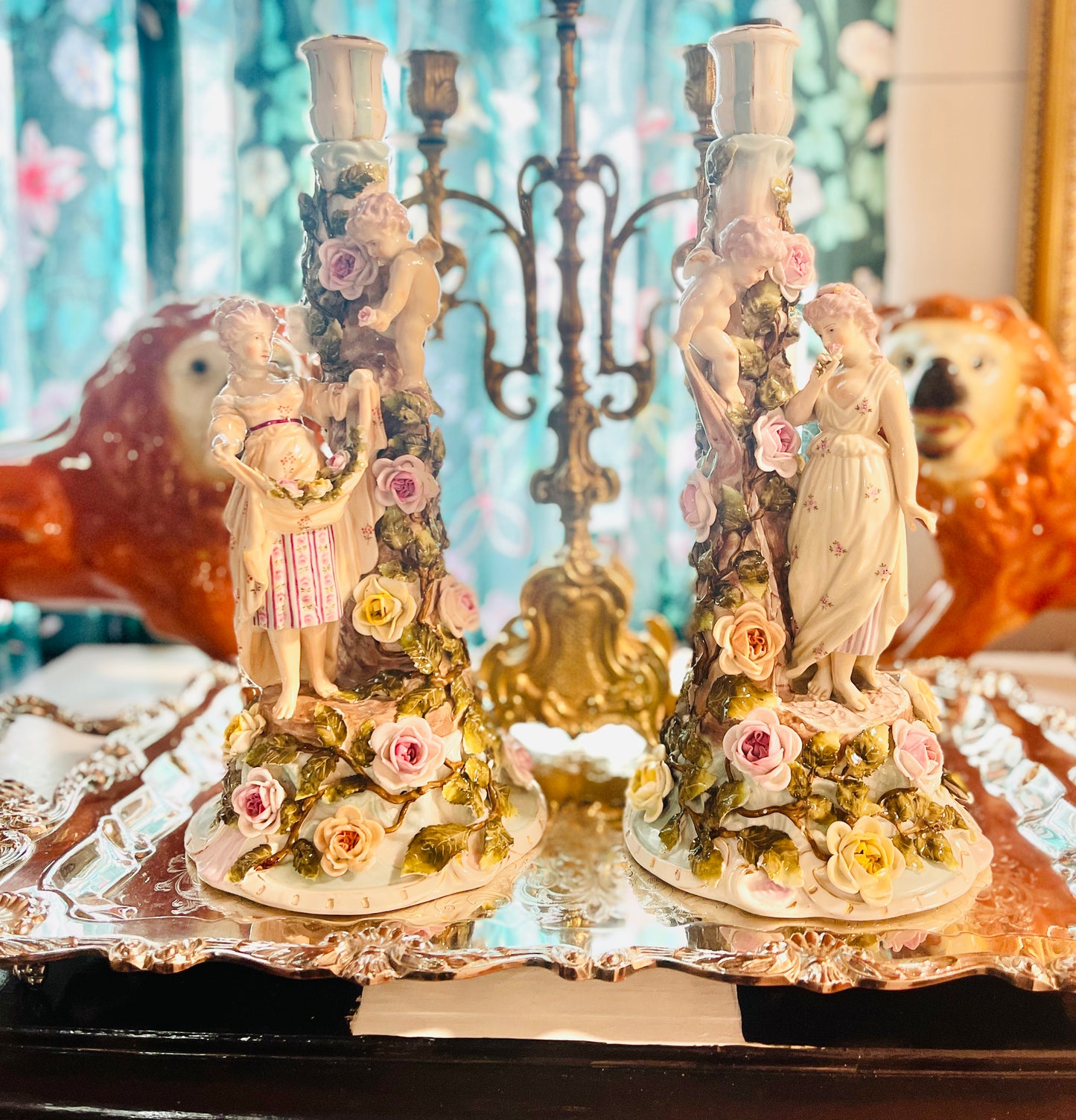 Antique 19th century Sitzendorf Figural Floral and Cherub Candlesticks, Hand Paitned Porcelain, Fantastic Estate Decor