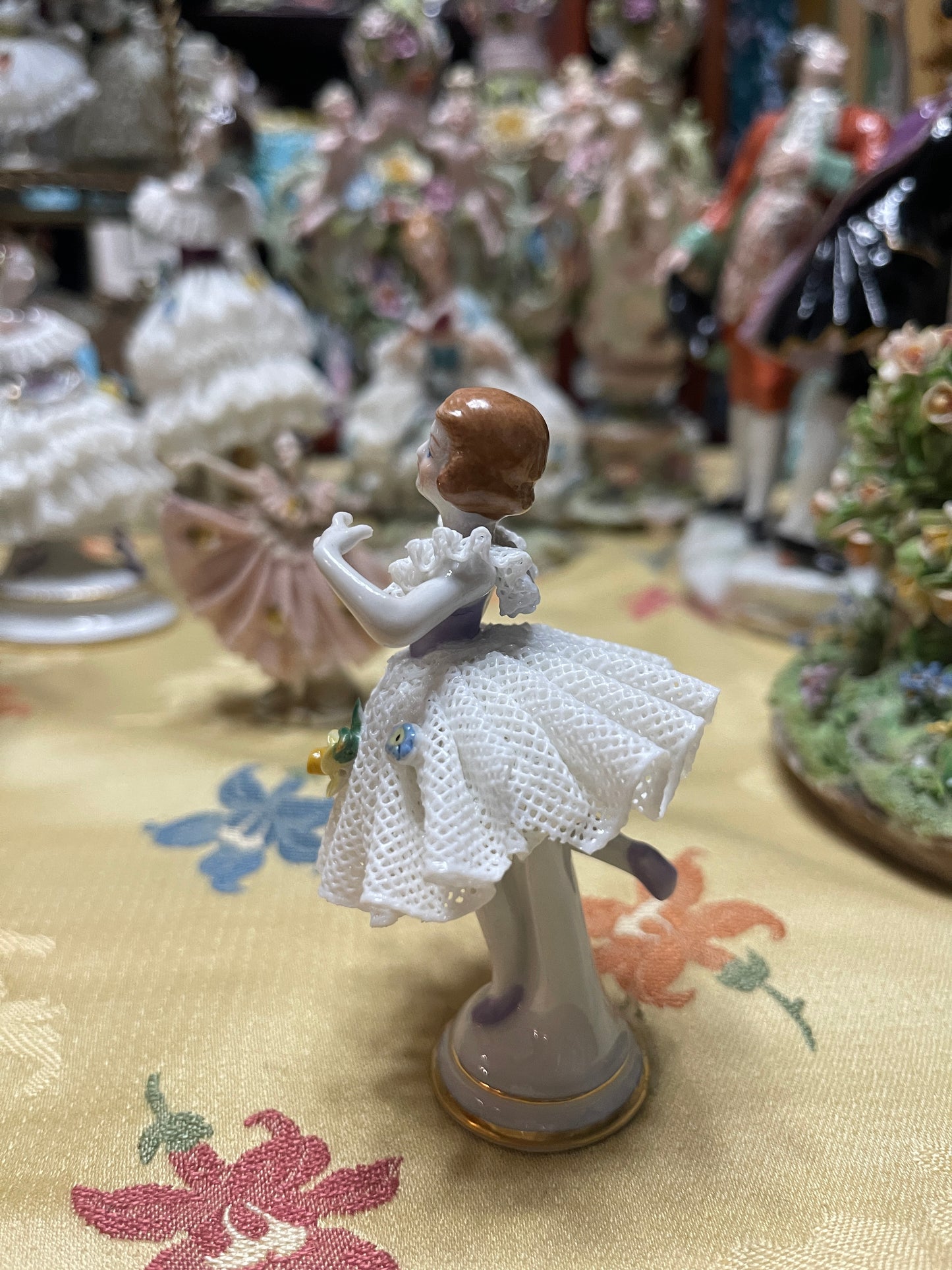 Sweet German Porcelain Dresden-Style Lace Dancer Figurine | Vintage European Porcelain | Applied Flowers