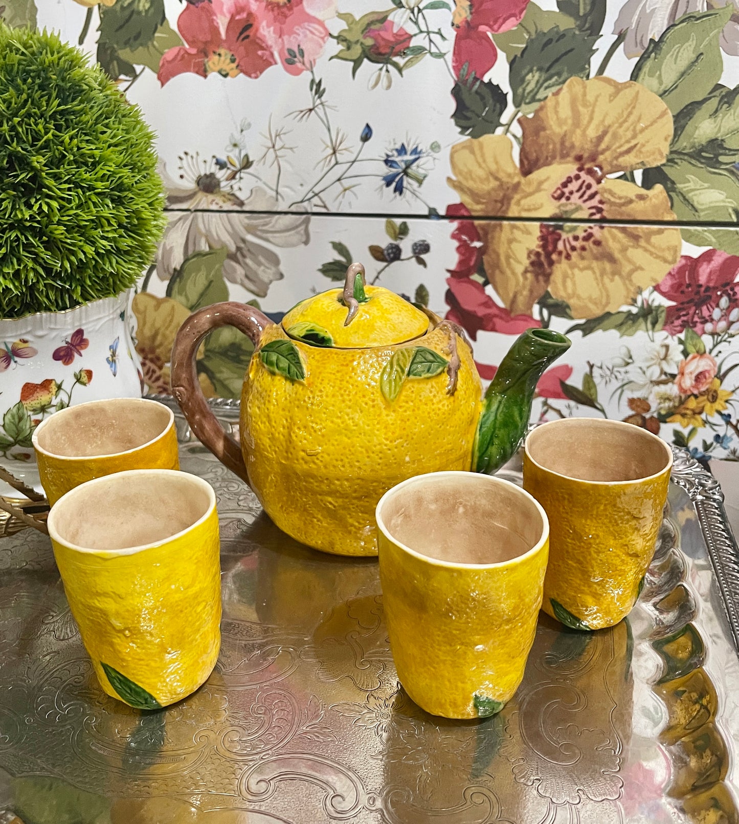 Vintage Majolica Lemon Tea Set, Made in Japan, Garden Party Chic