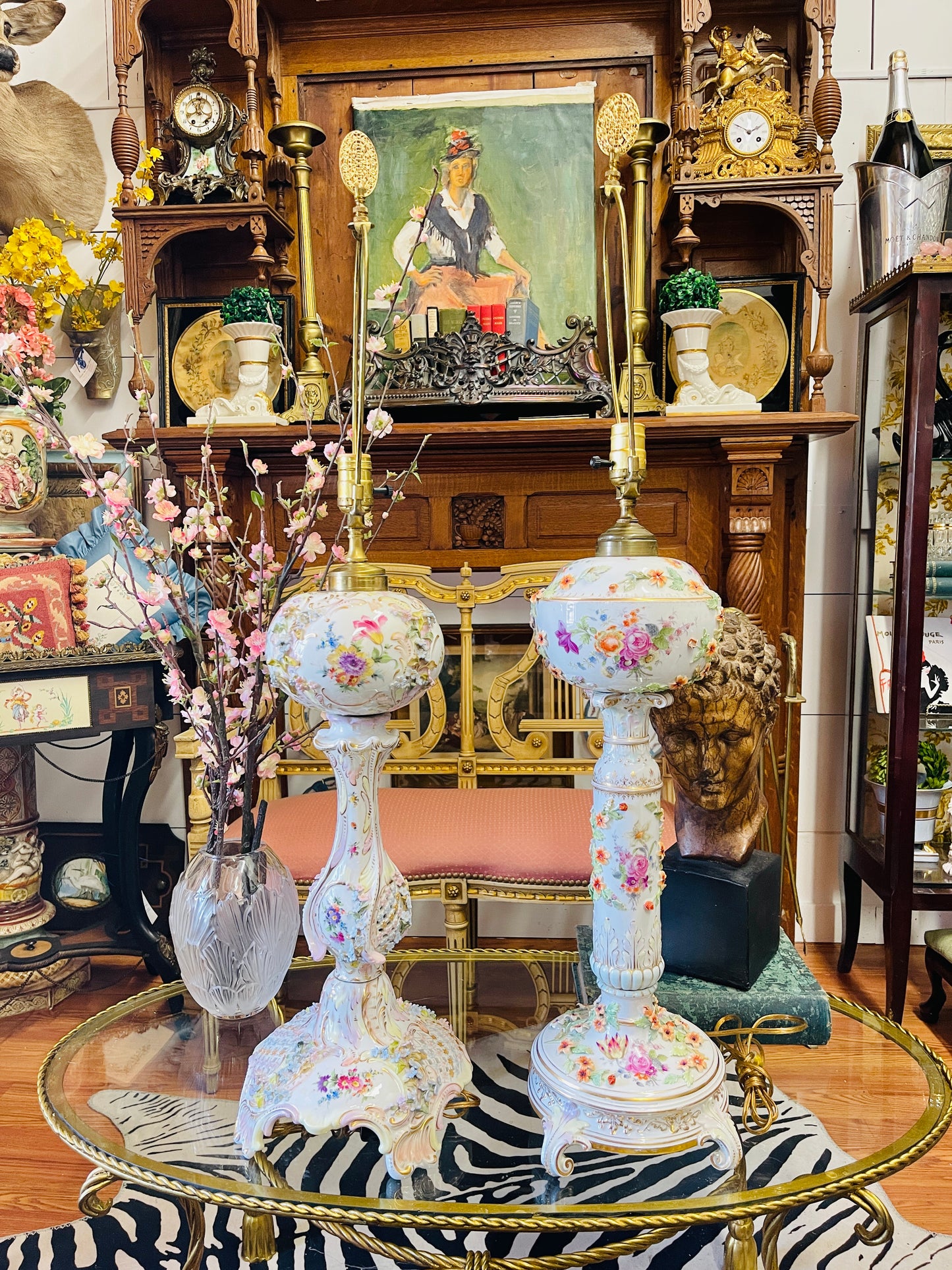 Pair of Monumental Vintage Porcelain Floral Lamps