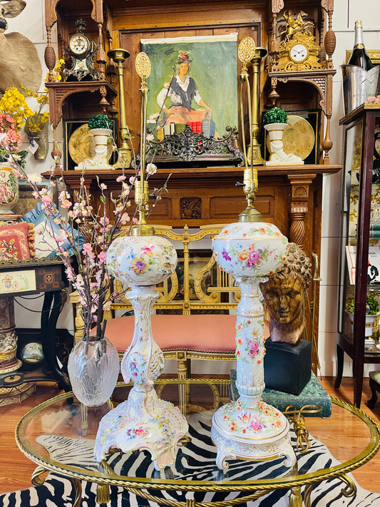 Pair of Monumental Vintage Porcelain Floral Lamps
