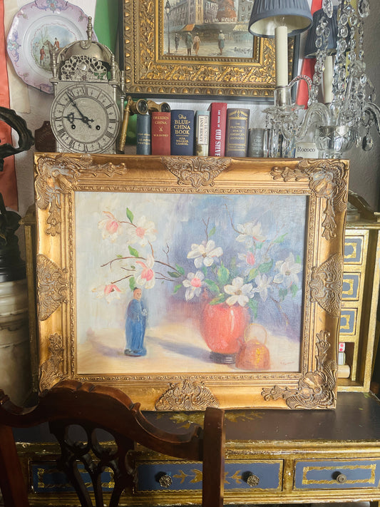 Vintage Chinoiserie Painting with Vased Flowers and Chinese Statuette, Ornate Gold Frame, Estate Art