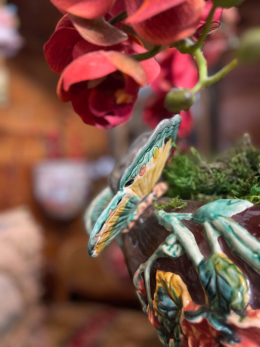 Monumental French Art Nouveau Majolica Jardinière on Heron Stand | Vallauris Style | Palm Beach Chic Coastal Garden Statement Piece