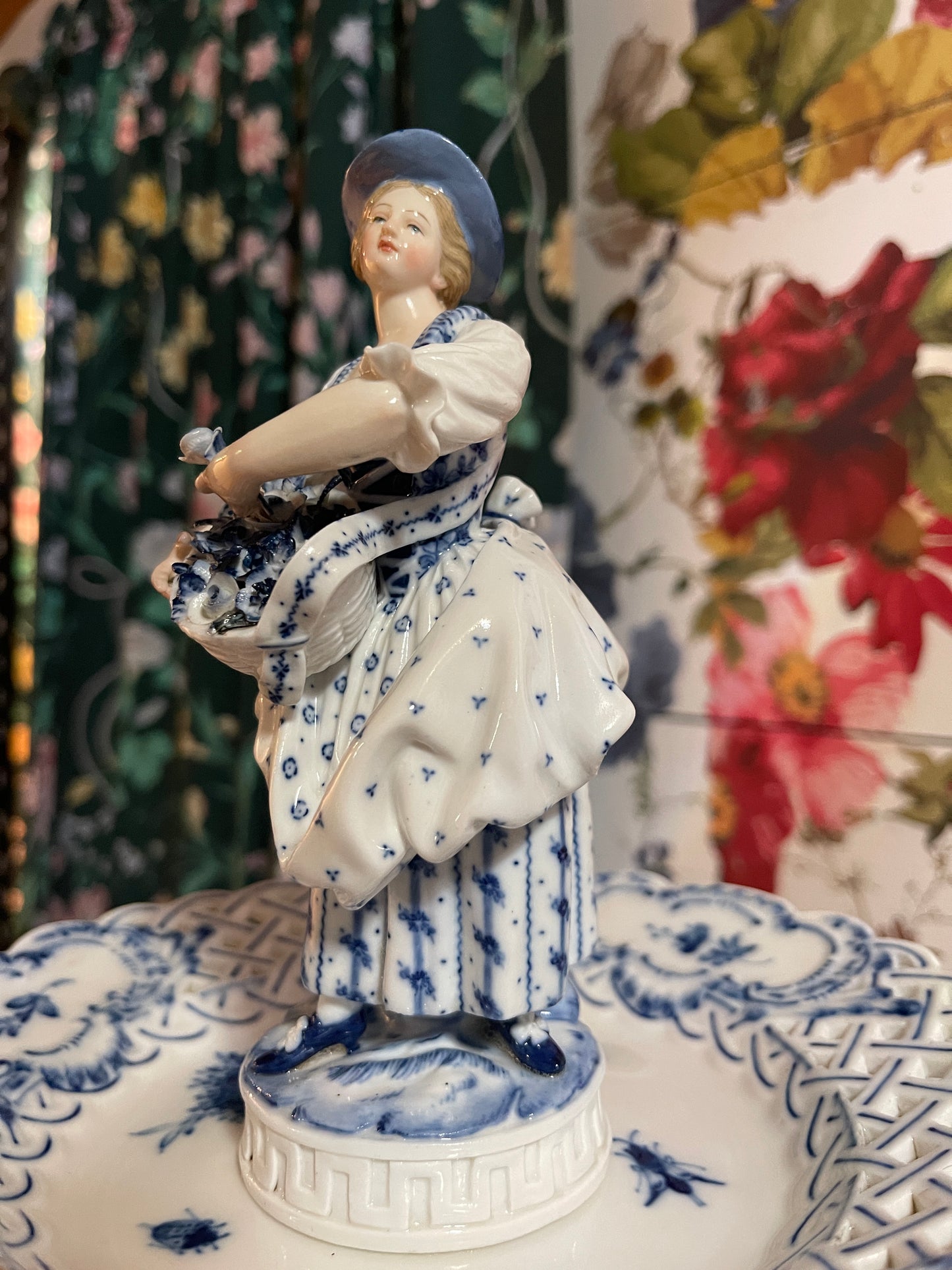 Antique Meissen Figural 3-Tier Blue & White Server with Lady Finial | Rare Porcelain Tiered Tray | 22” Tall