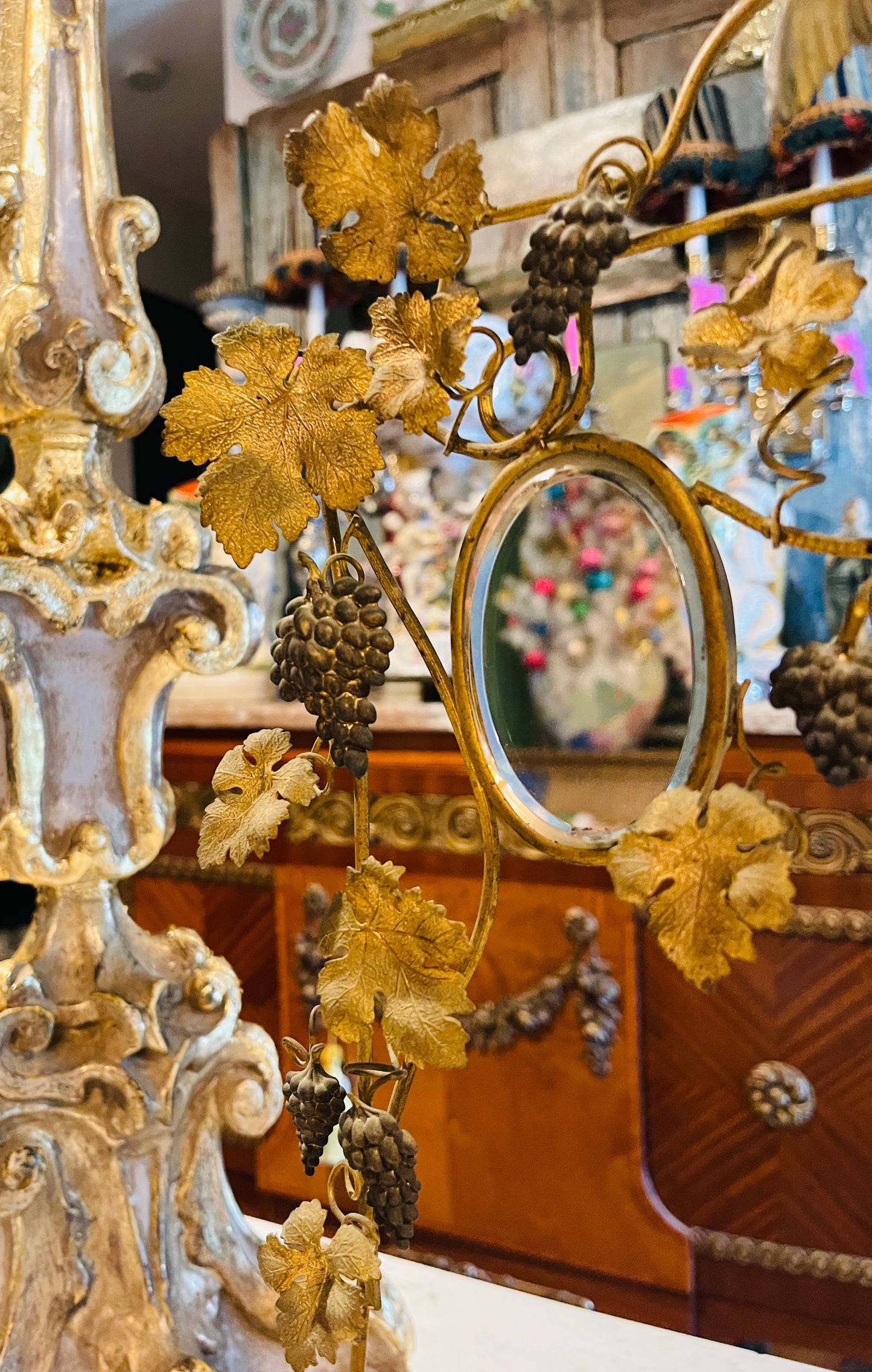 Victorian Grapevine Centerpiece with Mirrors & Bird Carrying Laurel Wreath | Antique Figural Epergne