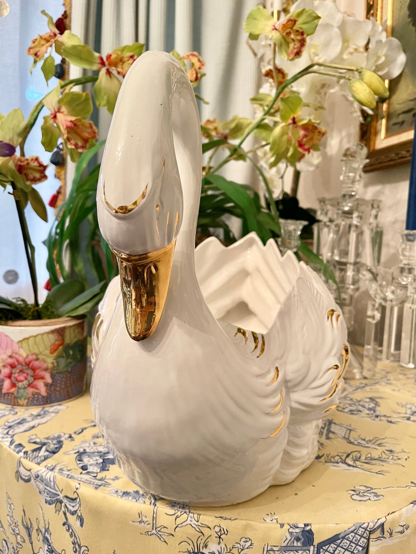 Vintage Italian Swan Planter, Hand Painted, Gold Detail