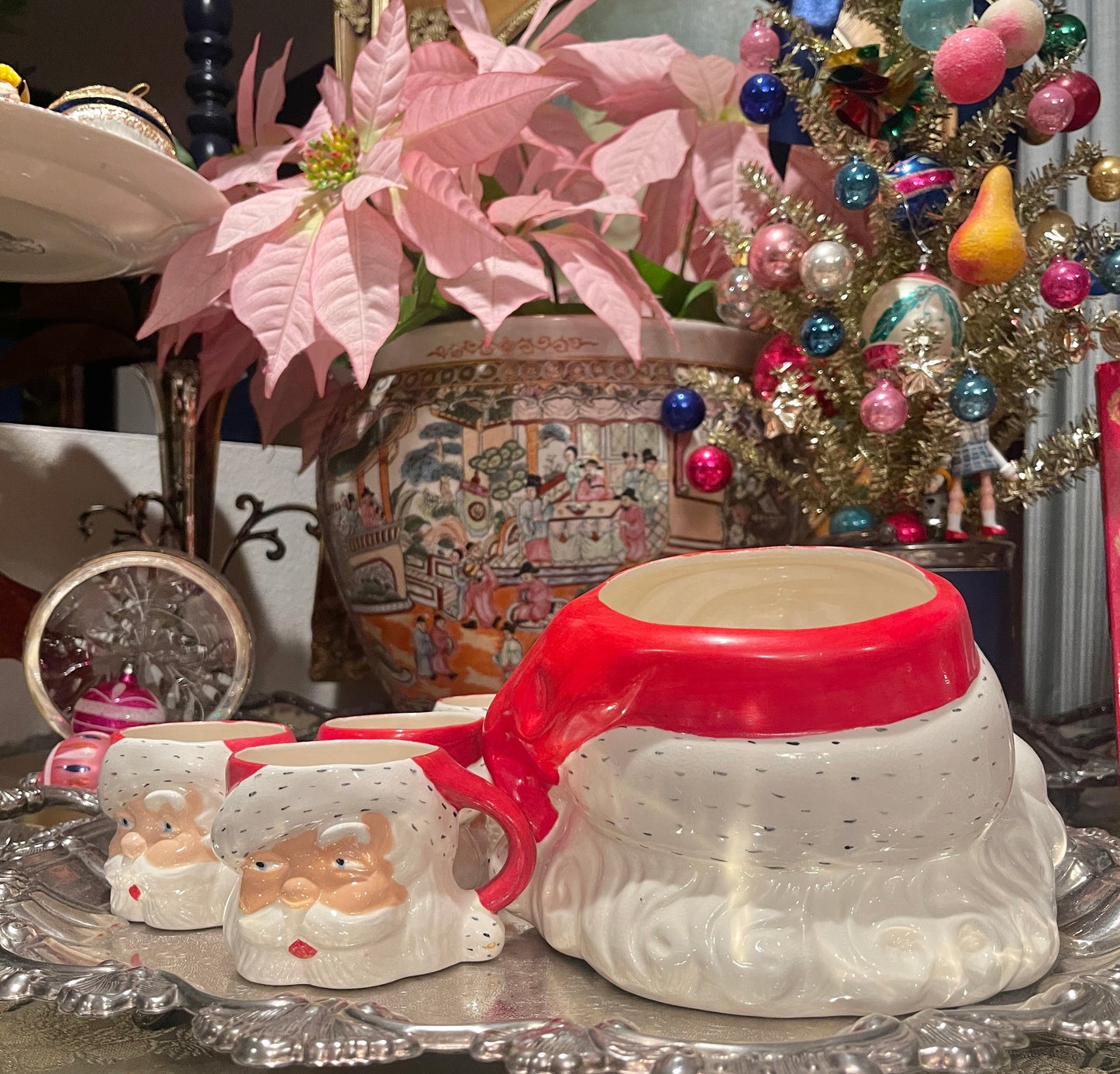 Vintage Santa Punch Bowl, Ladle, and 4 Santa Mug Set