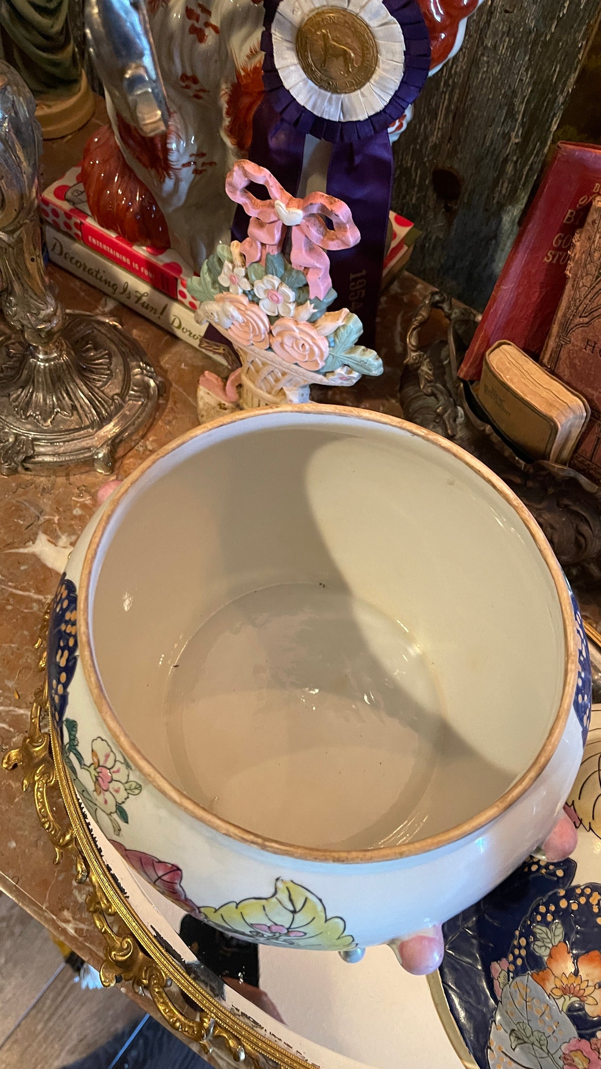 Vintage Tobacco Leaf Covered Jar with Peach Finial & Pink Handles | 11” Tall