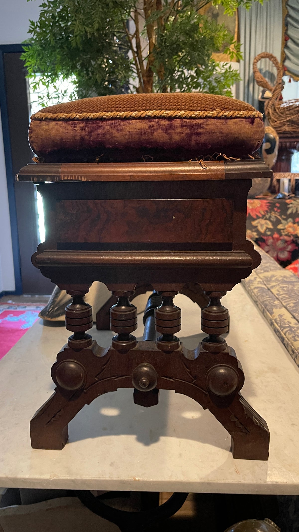 Antique Eastlake-Style Dog Needlepoint Storage Bench