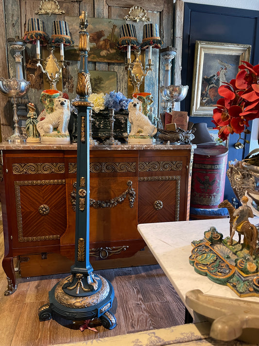 19th Century French Carved Wood Torchère Floor Lamp | Blue & Gilt Louis XVI Style | 65” Tall Round Top Find, PRICED FOR PICK UP
