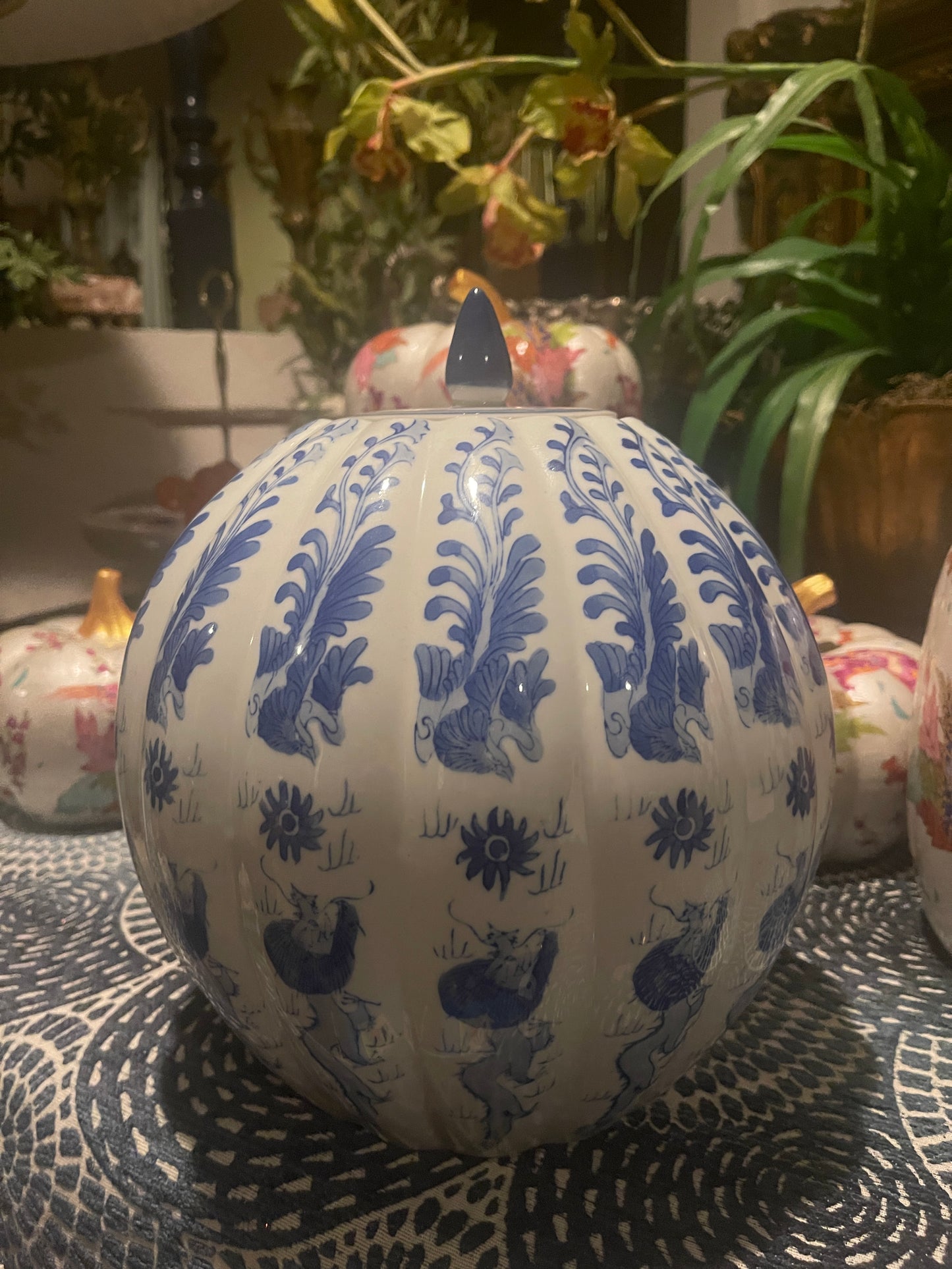 Vintage Chinoiserie Blue and White Lidded Pumpkin Tureen with Phoenix and Foo-Dragon Motif, Fantastic!!