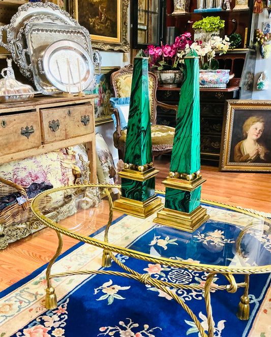 Vintage Faux Malachite and Brass Obelisks Pair