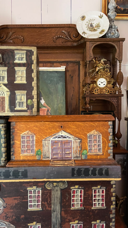 English House Facade Box, Ochre Manor House, Plants in Urns, Lilac Doors