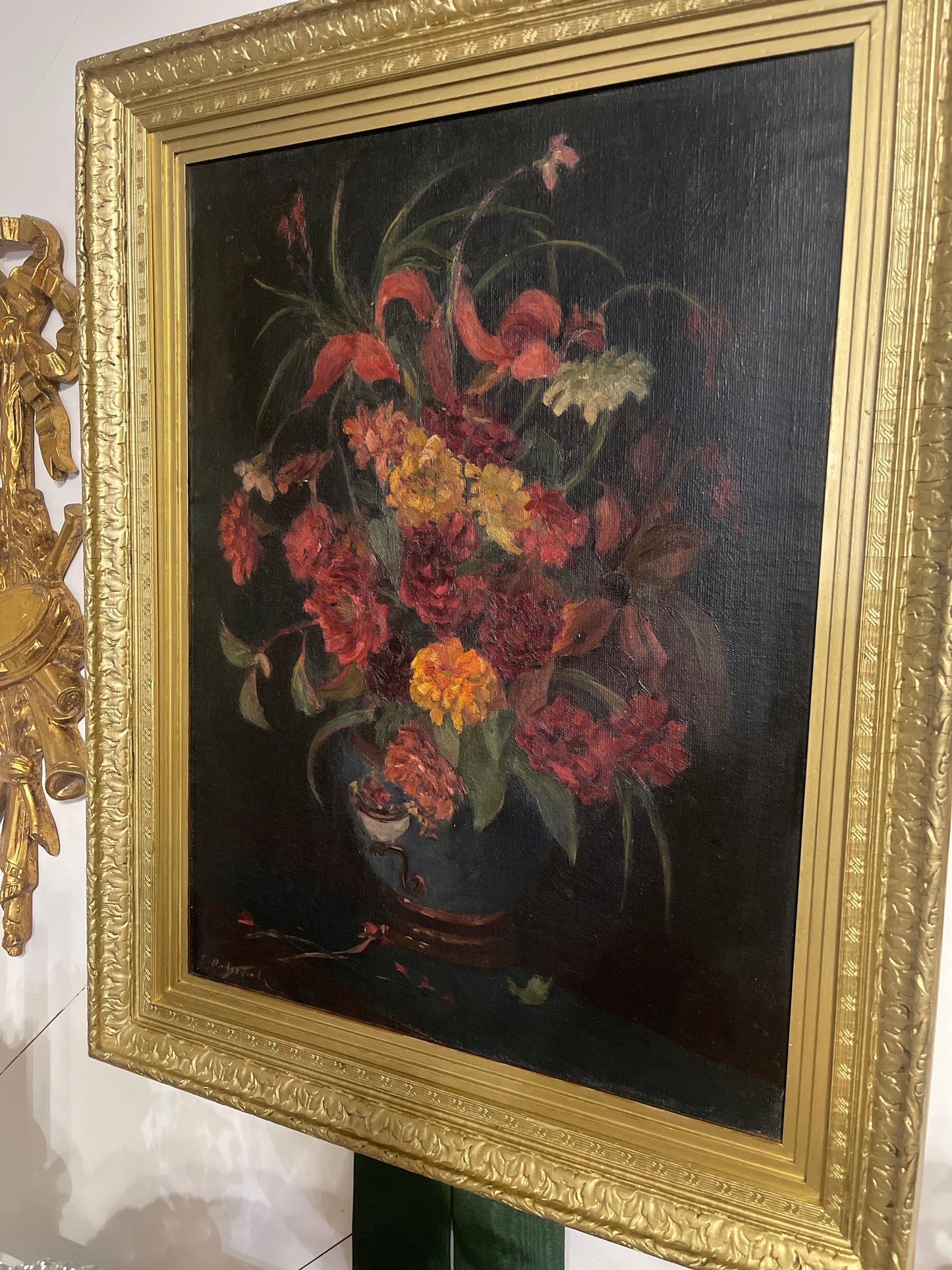 Moody Antique Floral Still Life Painting, Oil on Linen, Signed, Ornate Gold Frame