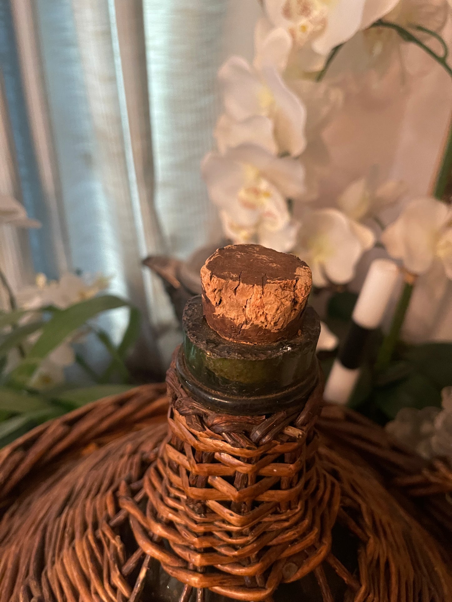 Vintage Demijohn Carboy Wine Jug — Green Glass with Handwoven Wicker Cover & Original Cork