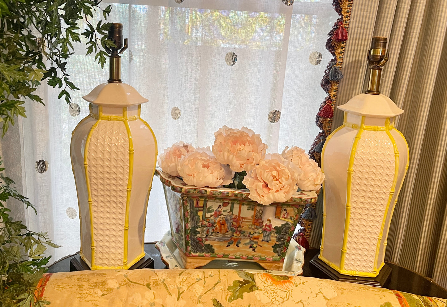 Vintage Frederick Copper Palm Beach Chic Chinoiserie Pagoda Bamboo Style Lamps, Yellow and White, Pair