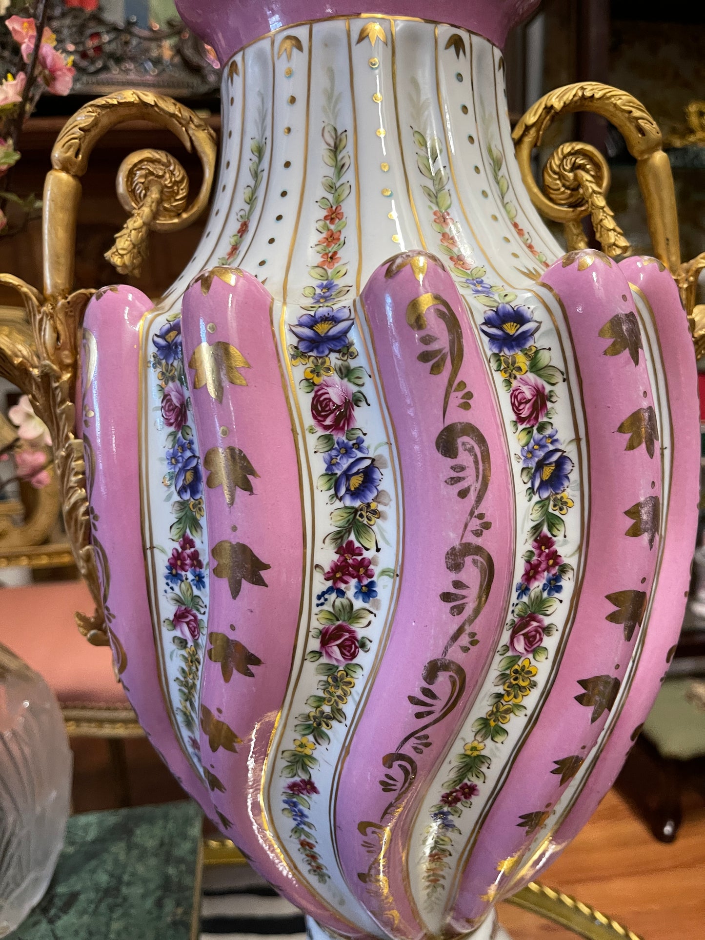 Monumental Pastel Porcelain Urns with Gilt Mounts|Pair | Grand Decorative Statement Vessels