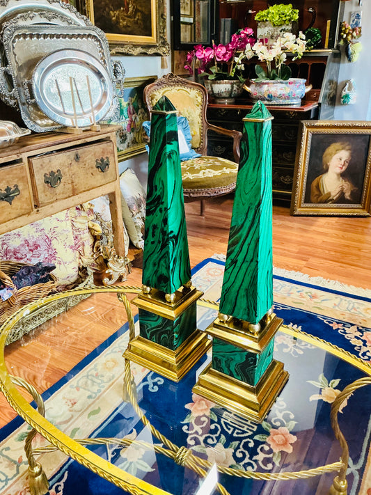 Vintage Faux Malachite and Brass Obelisks Pair