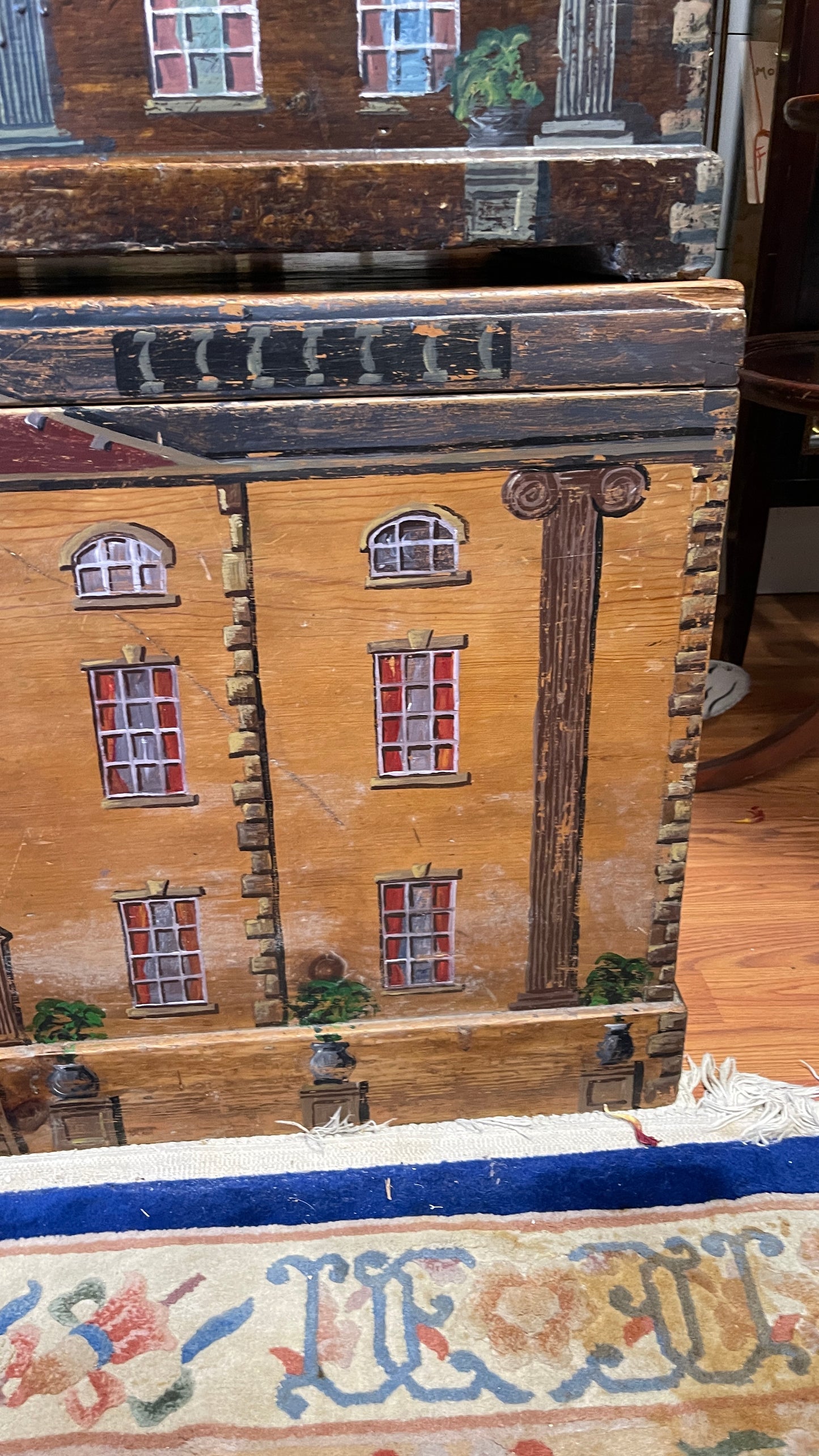 19th Century English Paint-Decorated Blanket Chest, Georgian Manor House Façade, Six Plants in Urns on Columns,  | Estate-Sourced English Folk Art