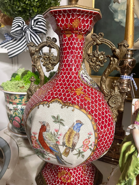 Vintage Red Porcelain Bird Lamps Pair | Ormolu Bow & Wreath Handles | European Twists, Grandmillennial / Chinoiserie Decor