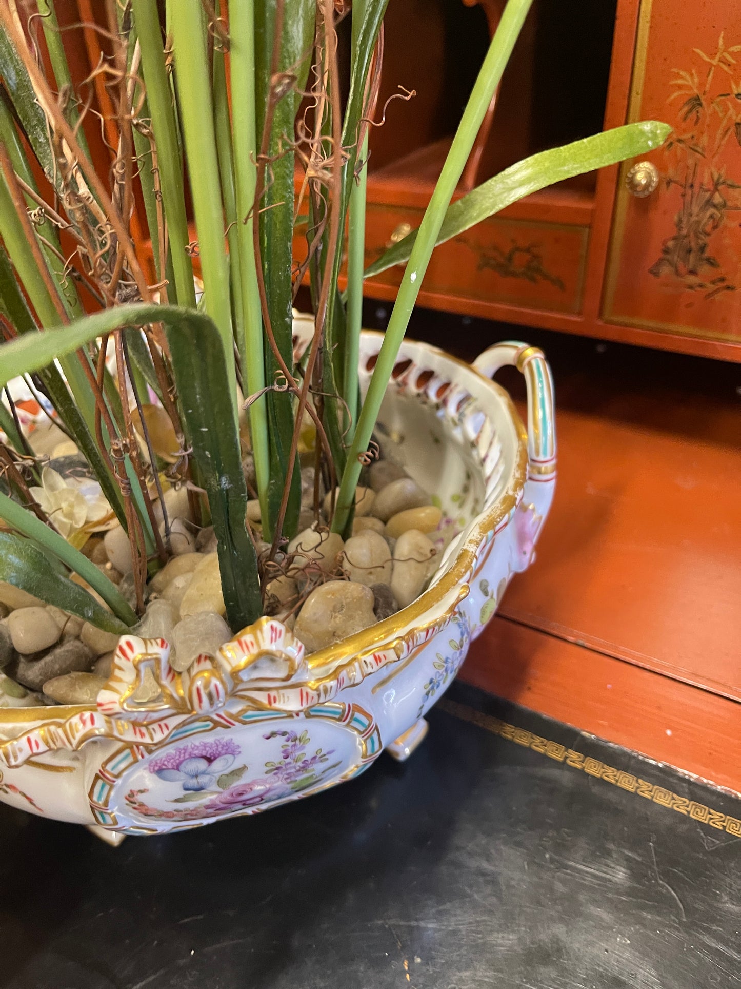 Vintage Meissen Footed Jardinière Bowl | Marked | Hand-Painted Floral Bouquets and Bow with Gilt Detail