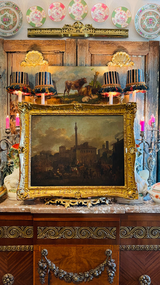 19th-Century European Oil Painting of Market Scene, Florence in an Exceptional Barbizon Frame