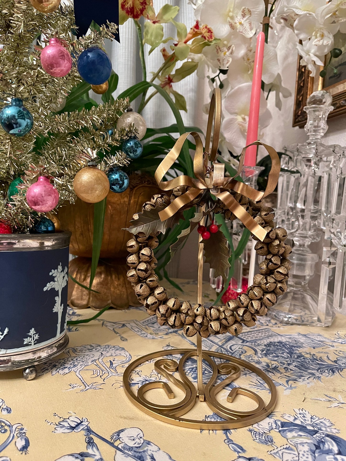 Vintage Gold Tole Jingle Bell Wreath with Bow, Green Leaves and Red Berries
