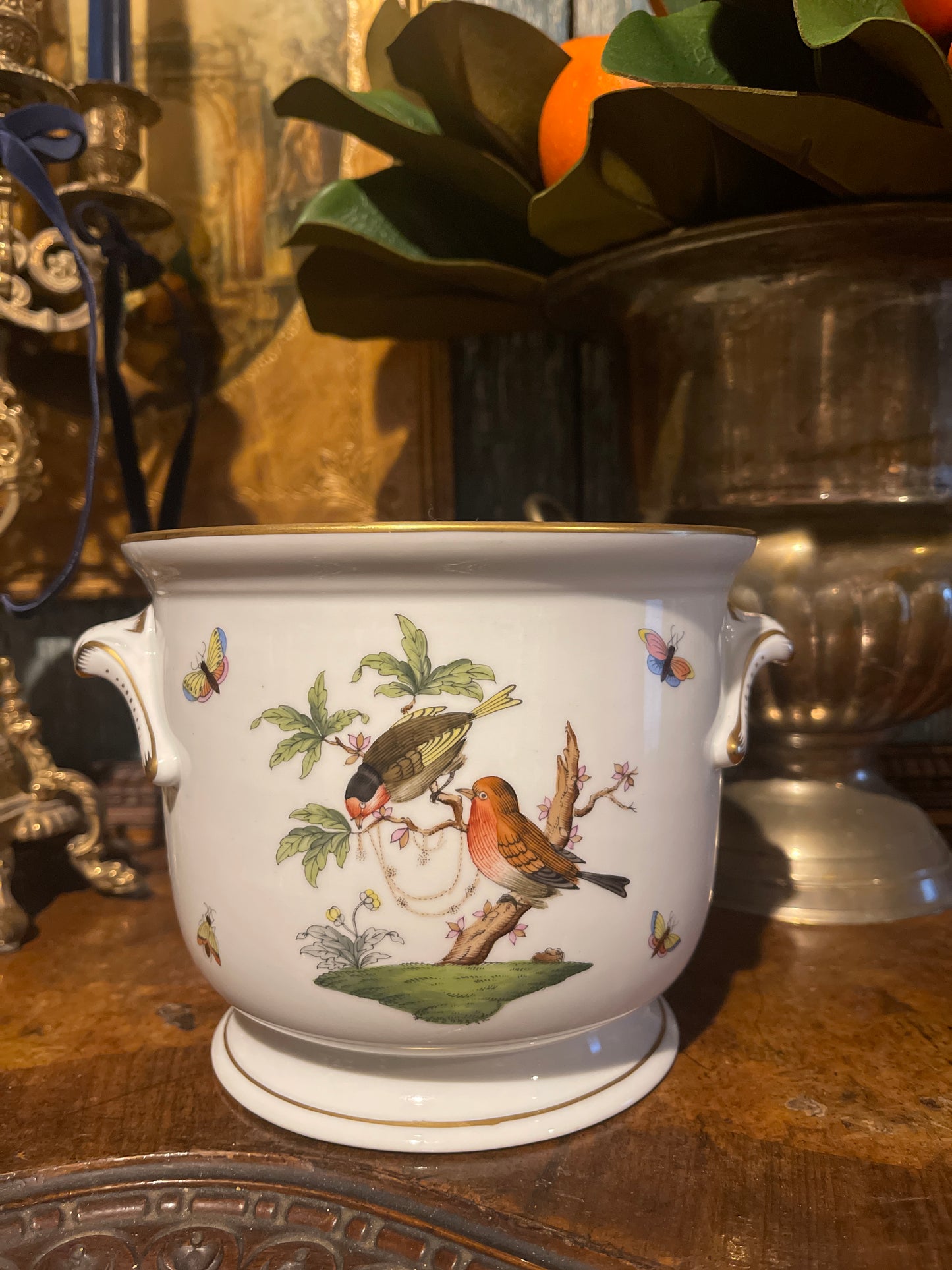 Vintage Herend Rothschild Bird Jardiniere, Hand Painted Porcelain