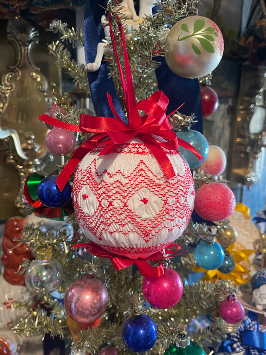 4” Red and White Vintage Smocked Christmas Ornament