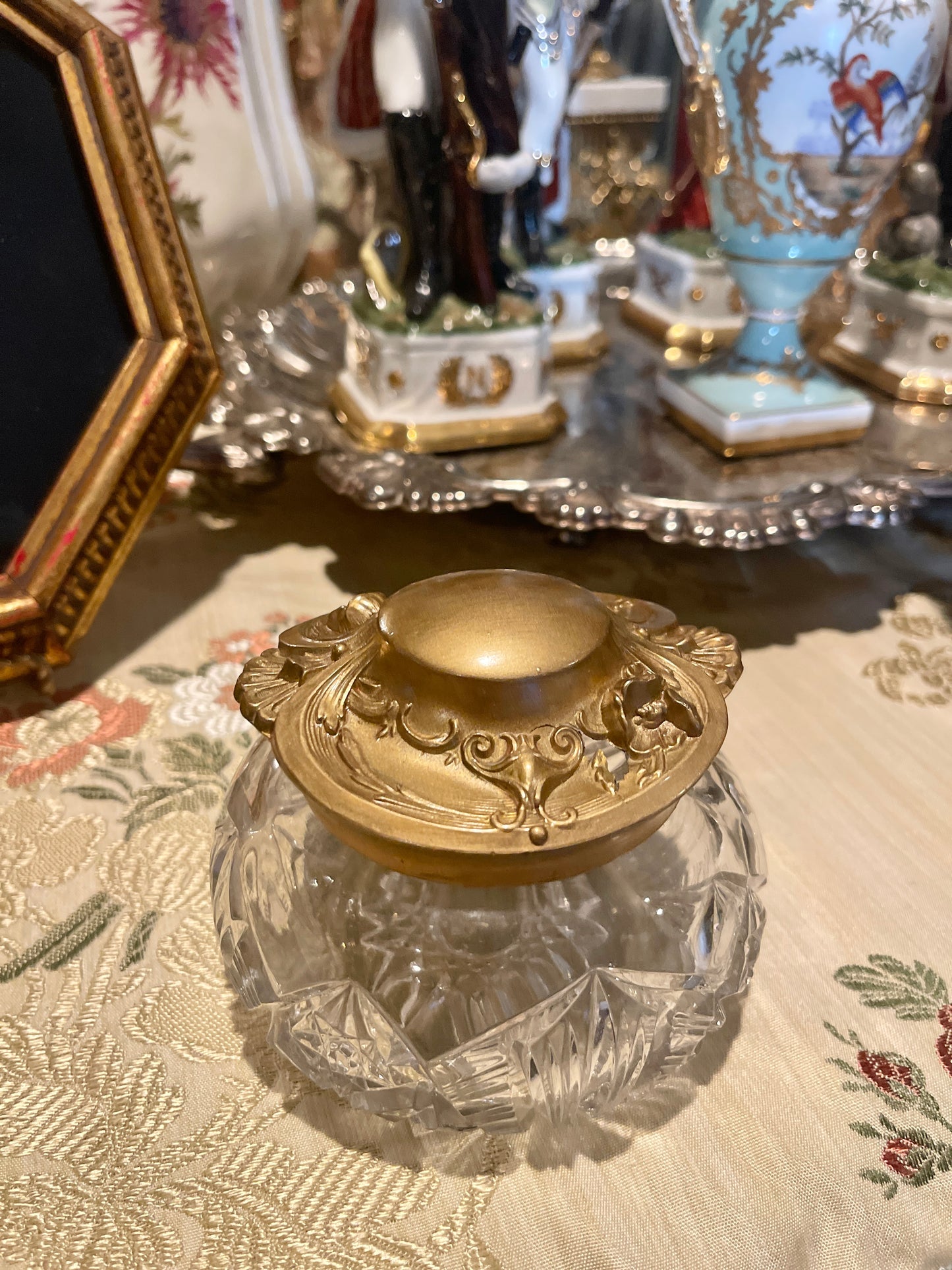 Cut Glass Powder Jar with Gold Tole Lid, Vintage