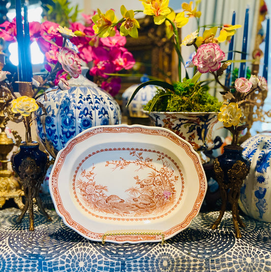 Vintage Brown Transferware English Quail Motif Oval Platter