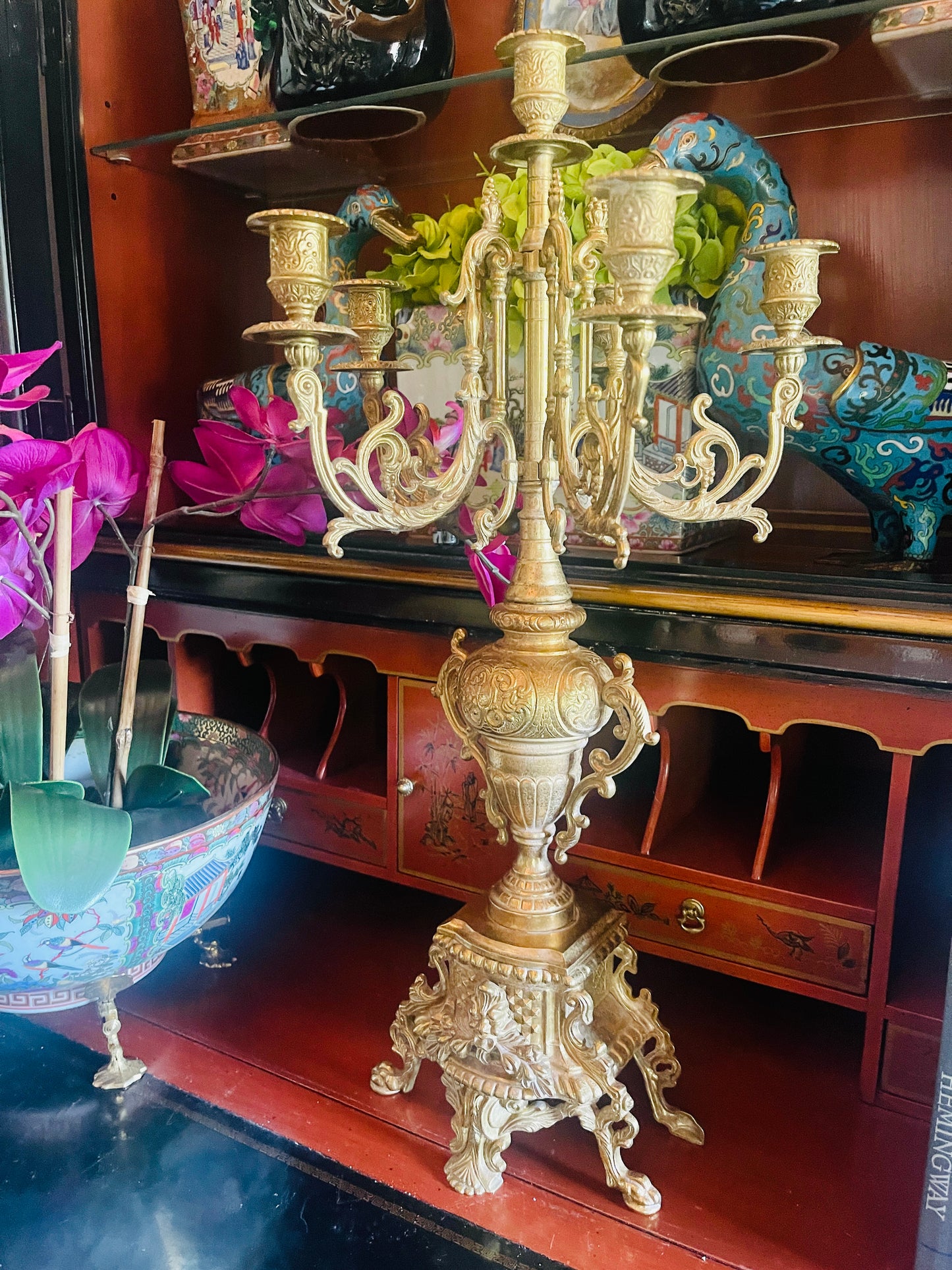 Large Six Light Brass Ormolu Baroque Candelabra, Vintage
