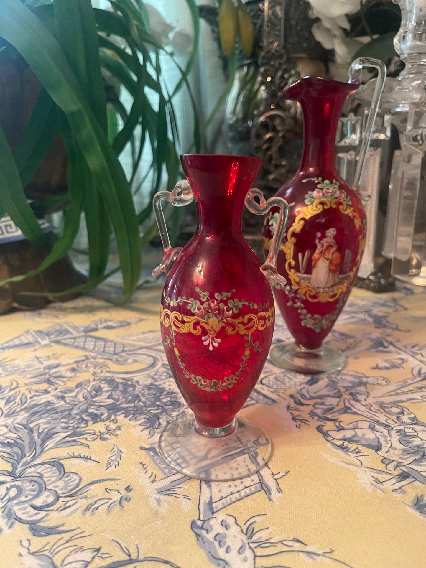Antique Murano Ruby Red Double-Handled Vase with Hand-Painted Lady & Maritime Scene - Monte Vista Estate
