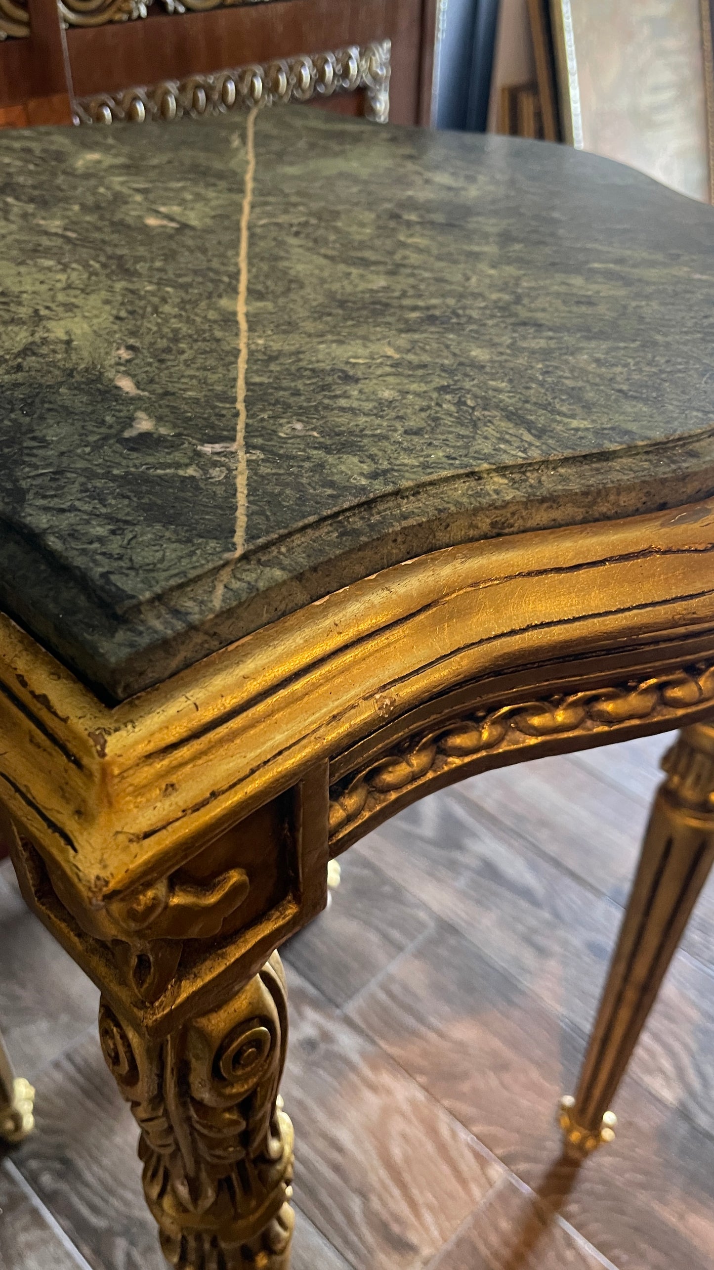Pair of Giltwood Side Tables with Green Marble Tops | Louis XVI Style Accent Tables, Vintage, Estate Sourced