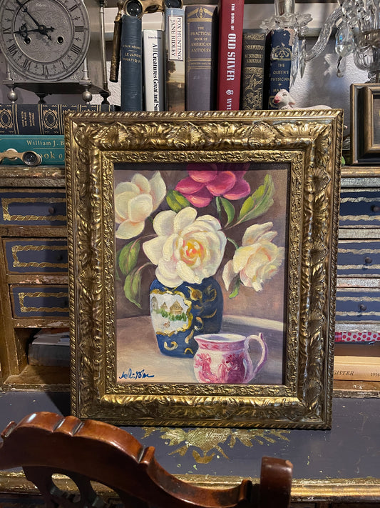 Vintage Floral Still Life Oil Painting — White Blooms in Chinoiserie Vase with Pink Teacup, Ornate Gilt Frame