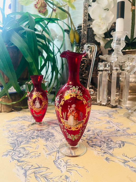 Murano Ruby Romance – Antique Venetian Glass Ewer with Lady & Tall Ship Scene- Monte Vista Estate